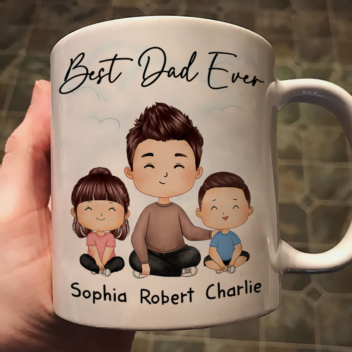 Doll Dad And Kids Sitting Watercolor Style Best Dad Ever Father's Day Gift For Dad Personalized Mug