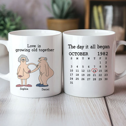 Love Is Growing Old Together Anniversary Calendar Keepsake Personalized Mug
