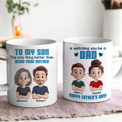 From Mom To Son Watching You Be A Dad Cartoon Style Personalized Mug, Father's Day Gift For Son