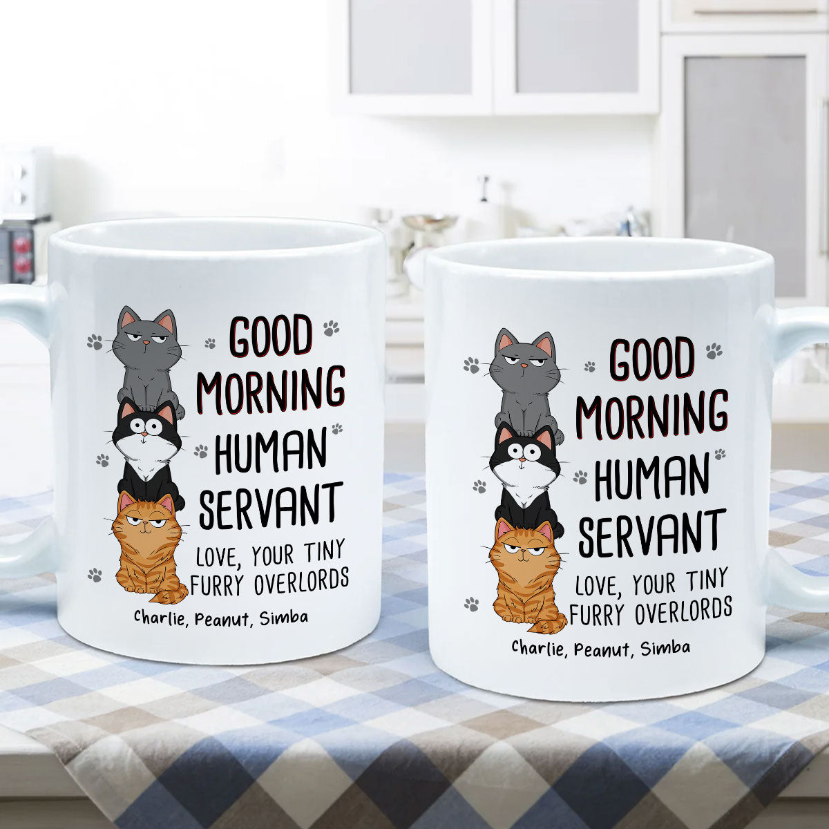 Good Morning Human Servant Stacked Cats Funny Gift For Cat Lover Personalized Mug