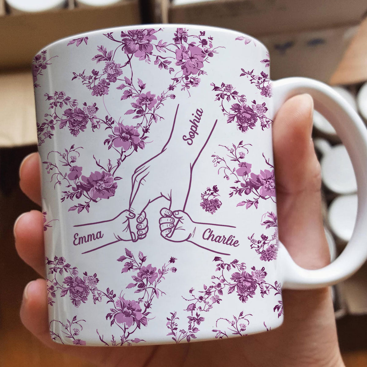 Mom & Kids Hands Holding Outline Chinoiseries Pattern Personalized Mug