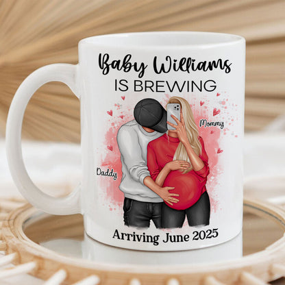Baby Is Brewing Pregnancy Hugging Couple Personalized Mug Expecting Mom Gift, Expecting Parents Gift, Gift