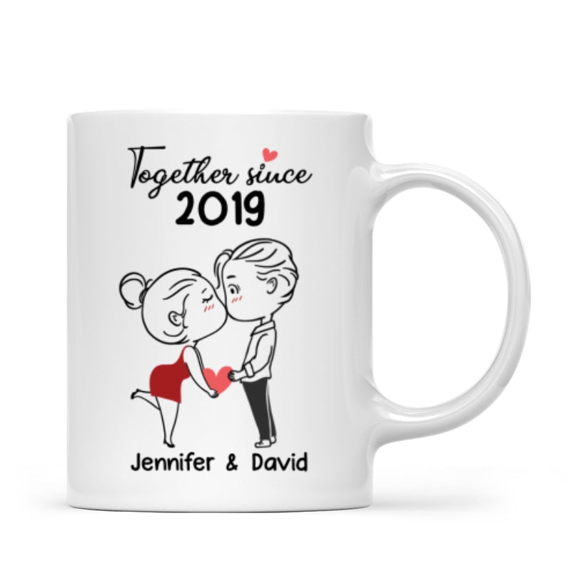 Chibi Couple Kissing Outline Personalized Mug - Gift For Him Gift For Her