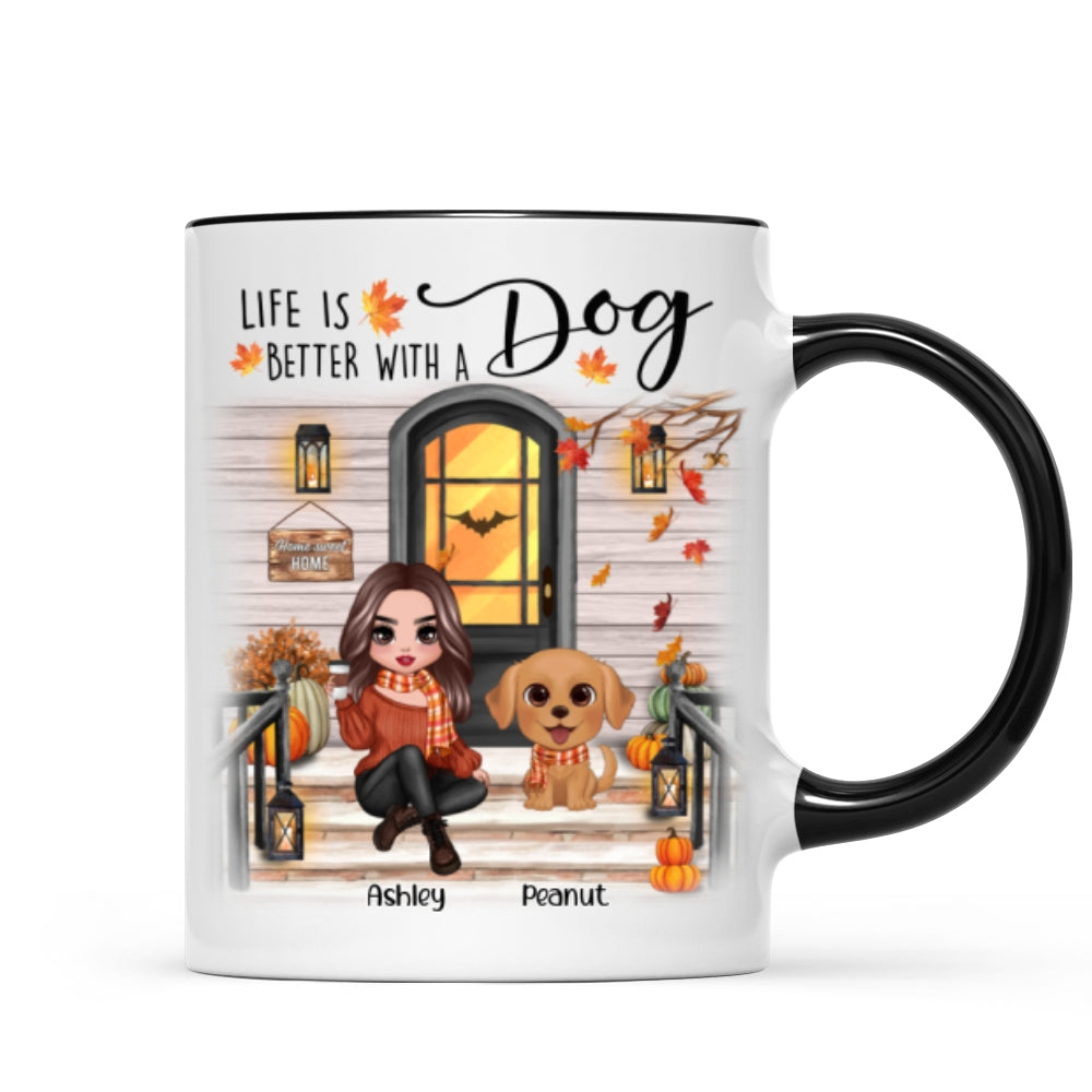 Fall Season Front Porch Doll Woman Sitting With Watercolor Cute Dogs Personalized Mug