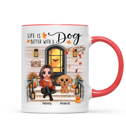 Fall Season Front Porch Doll Woman Sitting With Watercolor Cute Dogs Personalized Mug
