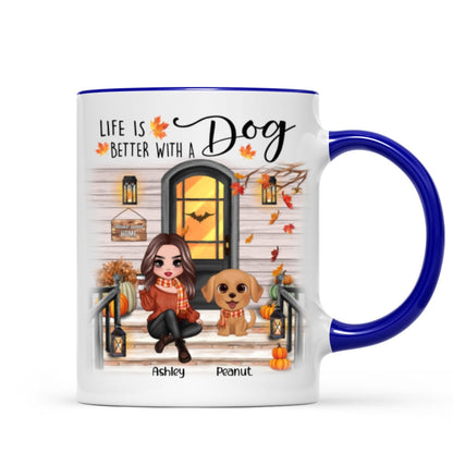 Fall Season Front Porch Doll Woman Sitting With Watercolor Cute Dogs Personalized Mug