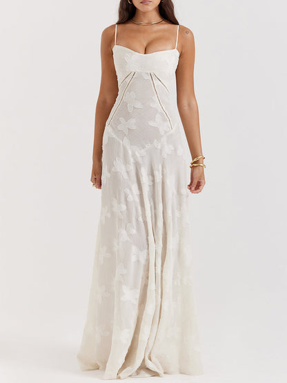 Elegant Thin Straps Floral Lace Maxi Dress