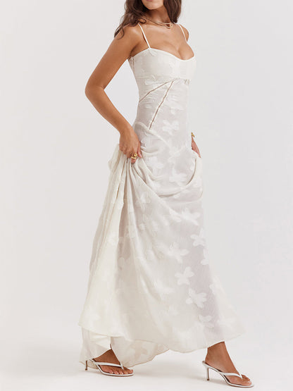 Elegant Thin Straps Floral Lace Maxi Dress
