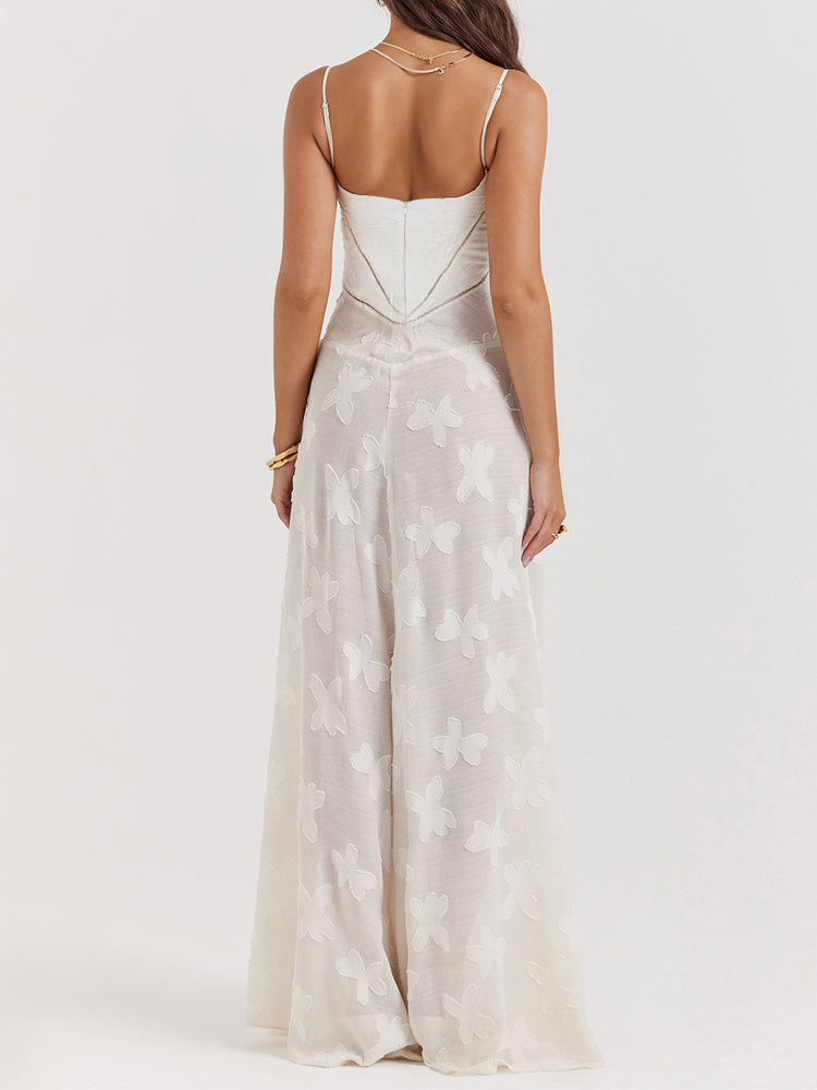 Elegant Thin Straps Floral Lace Maxi Dress