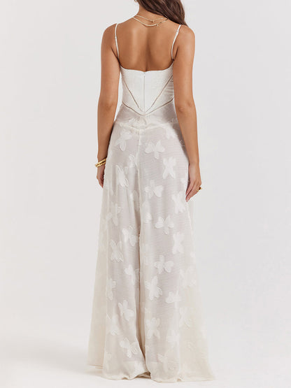 Elegant Thin Straps Floral Lace Maxi Dress