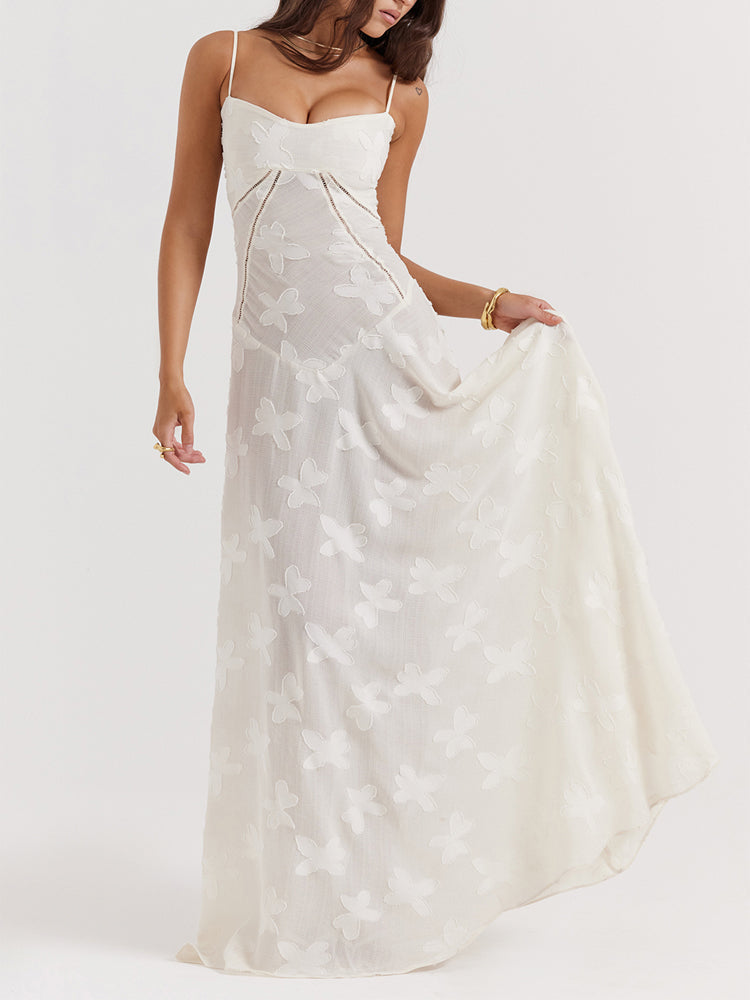 Elegant Thin Straps Floral Lace Maxi Dress