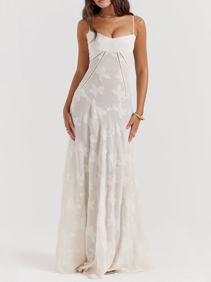 Elegant Thin Straps Floral Lace Maxi Dress