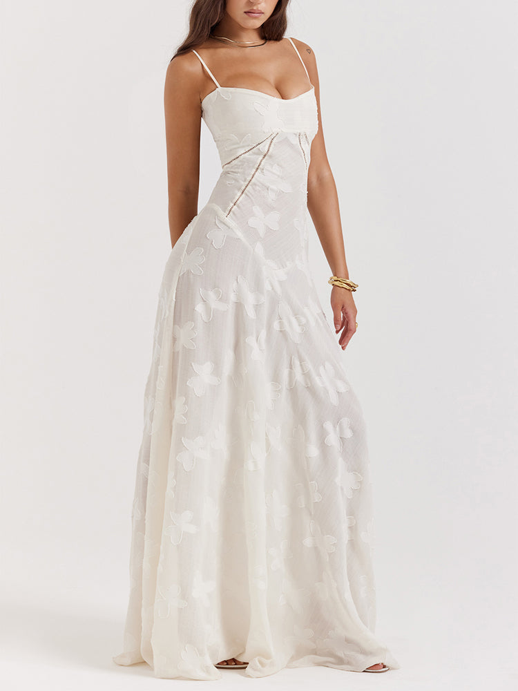 Elegant Thin Straps Floral Lace Maxi Dress