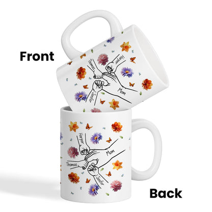 Grandma Mom 3D Effect Birth Flower Kids Holding Hand Outline Personalized Mug