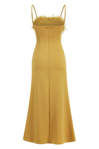 Sexy Feather Trim Square Neck Spaghetti Strap Fishtail Cocktail Midi Dress - Yellow