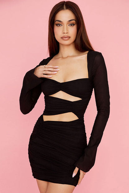 Sexy Sweetheart Long Sleeve Ruched Cutout Club Mini Dress - Black