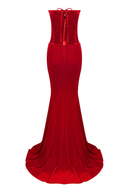 Sexy Sweetheart Satin Top Bowknot High Waist Fishtail Two Piece Maxi Dress - Red