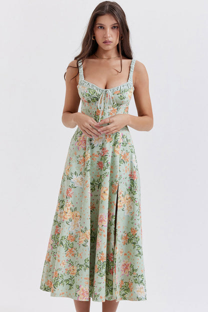 Sexy Tie Neck High Split Floral Printed Summer Midi Sundress - Green