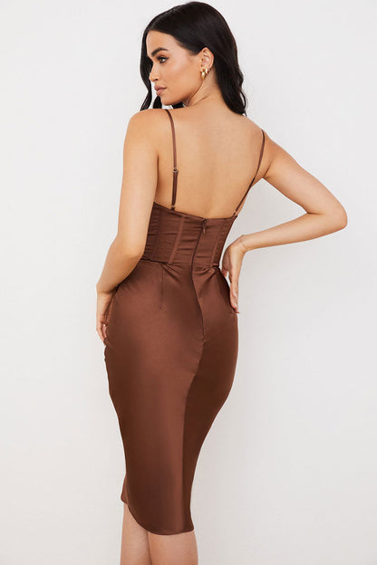 Silky Cowl Neck Corset Satin Midi Cocktail Dress - Coffee