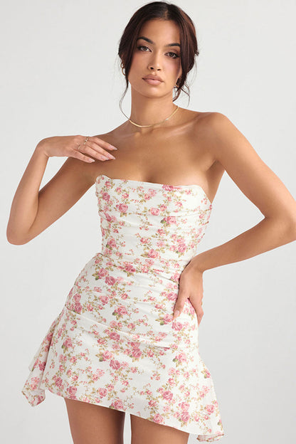 Silky Satin Pleated Trim Corset Strapless Party Mini Dress - Floral