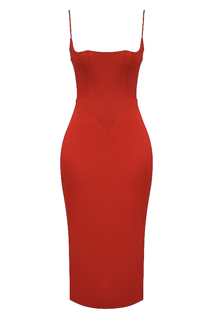 Silky Satin Square Neck Cami Slip Cocktail Party Midi Dress - Red