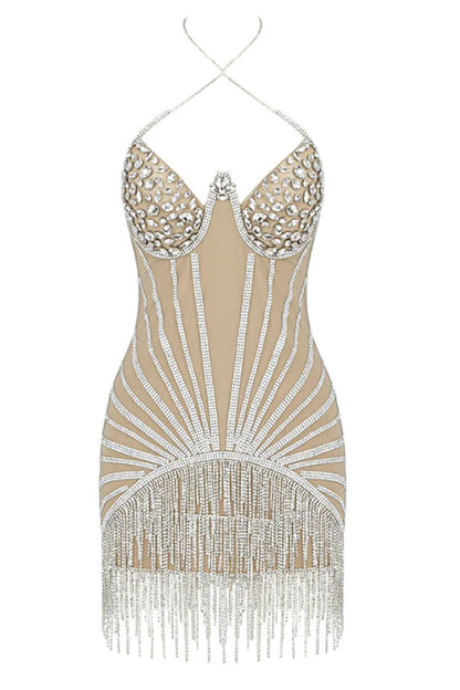 Sparkly Gatsby Rhinestone Fringe Trim Halter Mini Dress - Silver