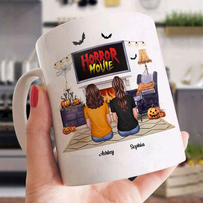 Halloween Besties Sisters Watching Horror Movie Personalized Mug