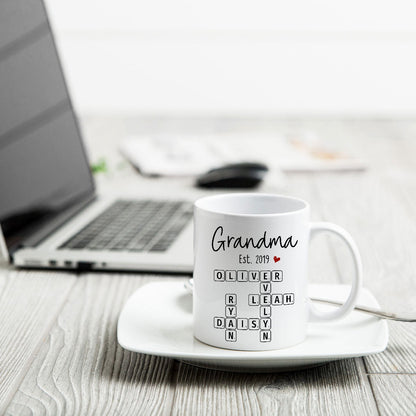 Grandma Mom Est. Crossword Puzzle Art Personalized Mug