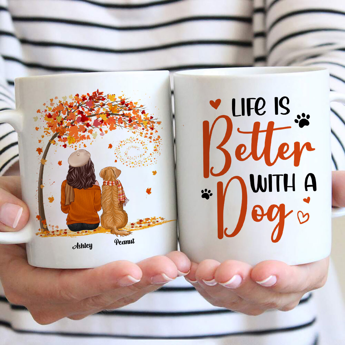 Life Is Better With Dogs Fall Season Woman Sitting Personalized Mug