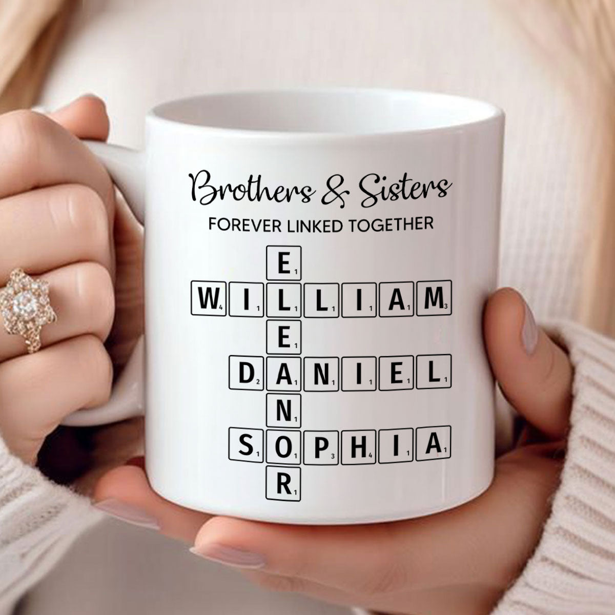 Brothers & Sisters Forever Linked Together Crossword Puzzle Art Personalized Mug, Gift For Brothers, Sisters, Siblings, Family