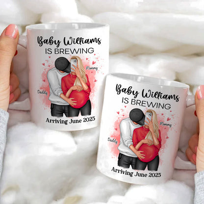 Baby Is Brewing Pregnancy Hugging Couple Personalized Mug Expecting Mom Gift, Expecting Parents Gift, Gift