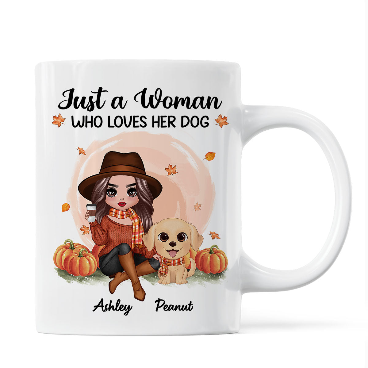 Fall Season Doll Woman And Watercolor Cute Dogs In Pumpkin Patch Personalized Mug