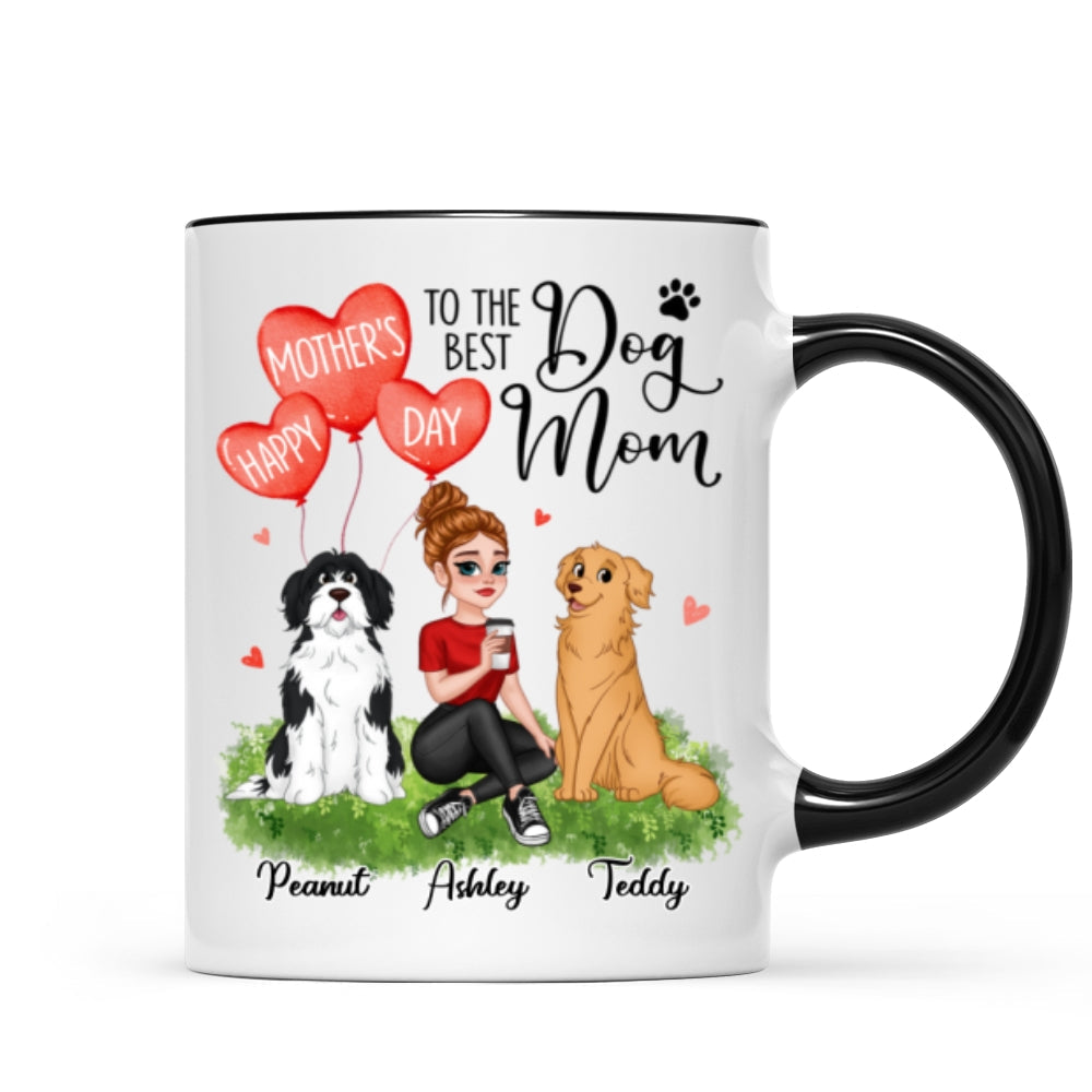 Happy Mother's Day Dog Mom Pretty Cartoon Woman Sitting Dogs Hearts Personalized Mug