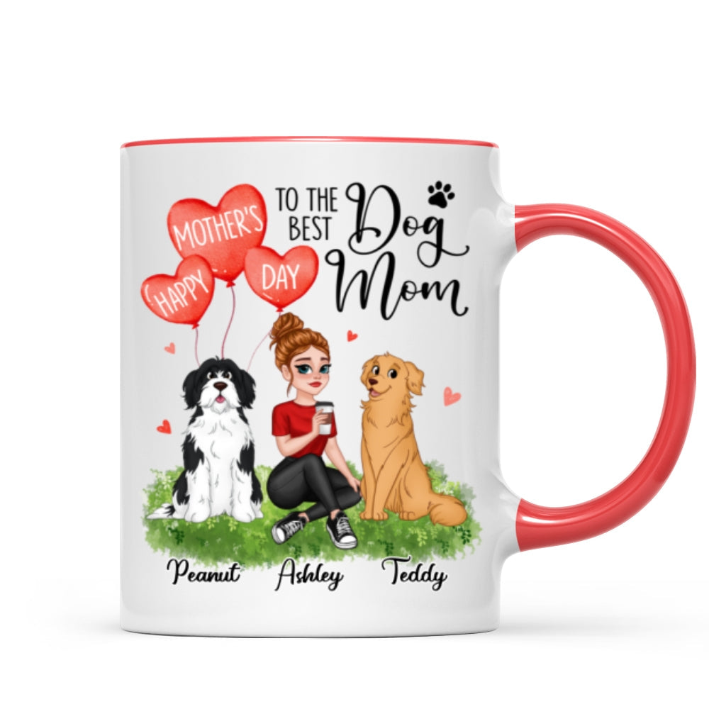 Happy Mother's Day Dog Mom Pretty Cartoon Woman Sitting Dogs Hearts Personalized Mug