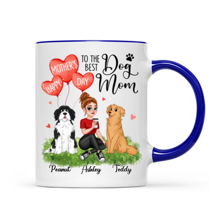 Happy Mother's Day Dog Mom Pretty Cartoon Woman Sitting Dogs Hearts Personalized Mug
