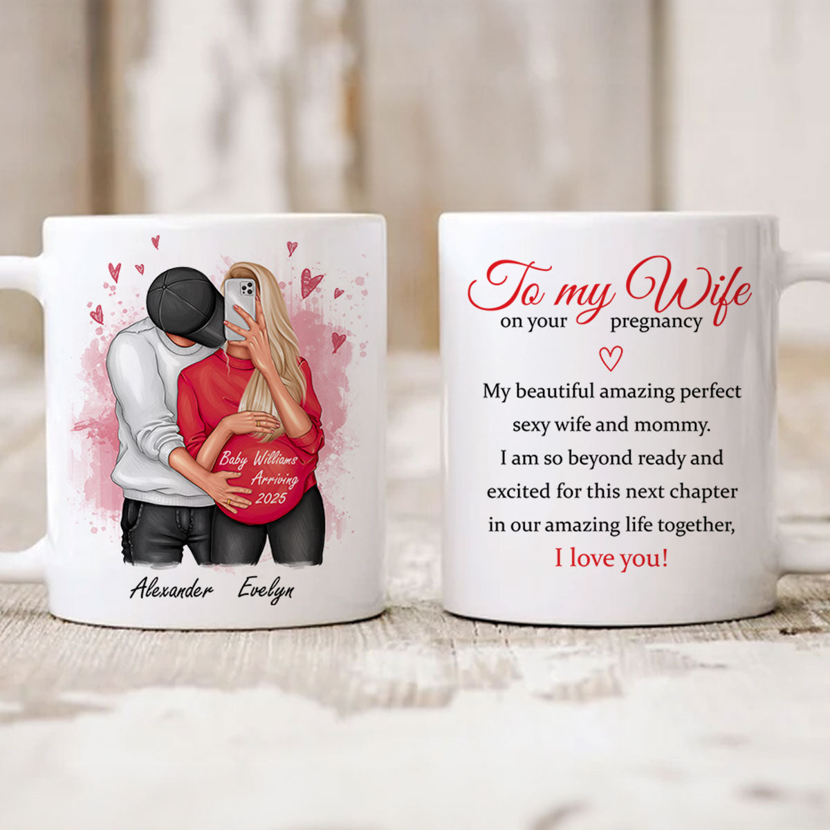 Personalized Pregnant Wife Mug, Hugging Couple, Expecting From Husband Gift, Mom To Be Vday Gift, Romantic Pregnancy Gift