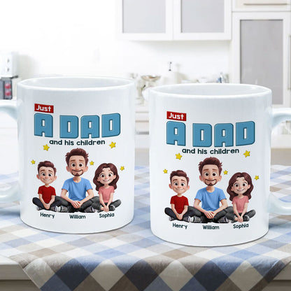 Just A Dad And His Kids Cartoon Funny Style Personalized Mug, Unique 2025 Father's Day Gift For Dad