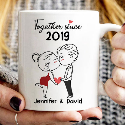 Chibi Couple Kissing Outline Personalized Mug - Gift For Him Gift For Her