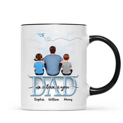 Back View Dad And Children Sitting On Word Father's Day Gift Personalized Mug