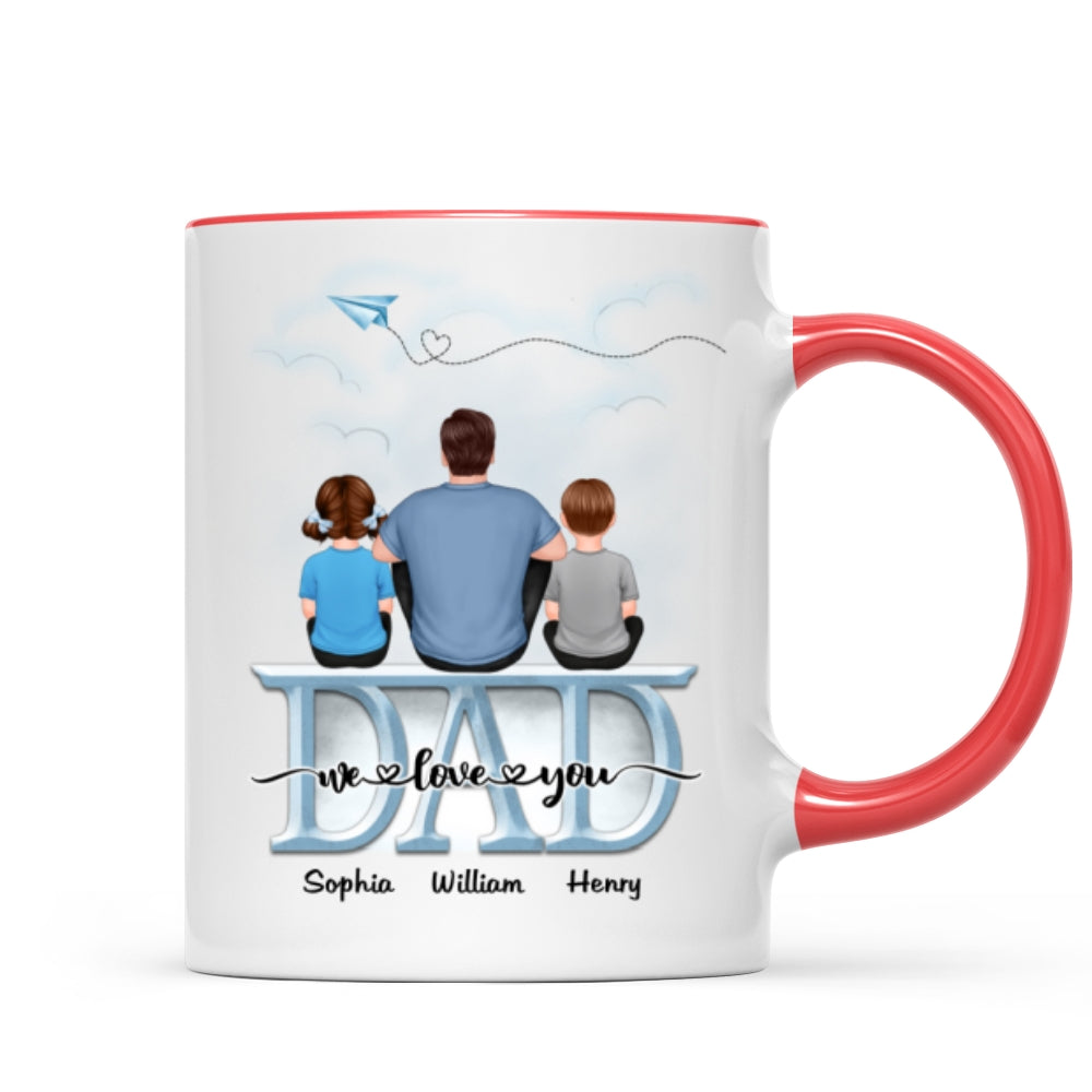 Back View Dad And Children Sitting On Word Father's Day Gift Personalized Mug