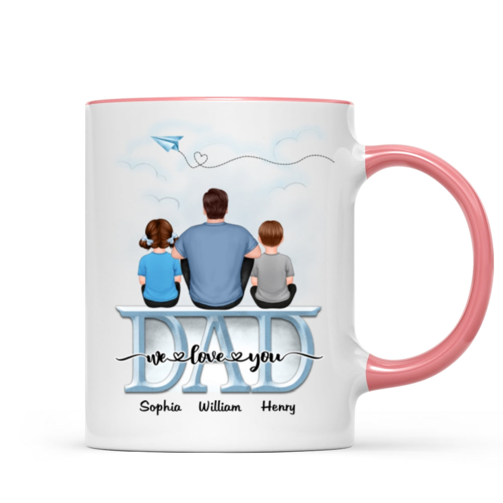 Back View Dad And Children Sitting On Word Father's Day Gift Personalized Mug