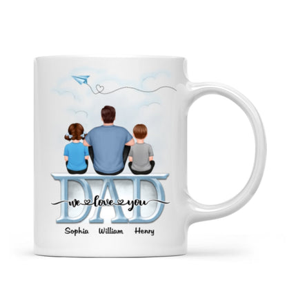 Back View Dad And Children Sitting On Word Father's Day Gift Personalized Mug