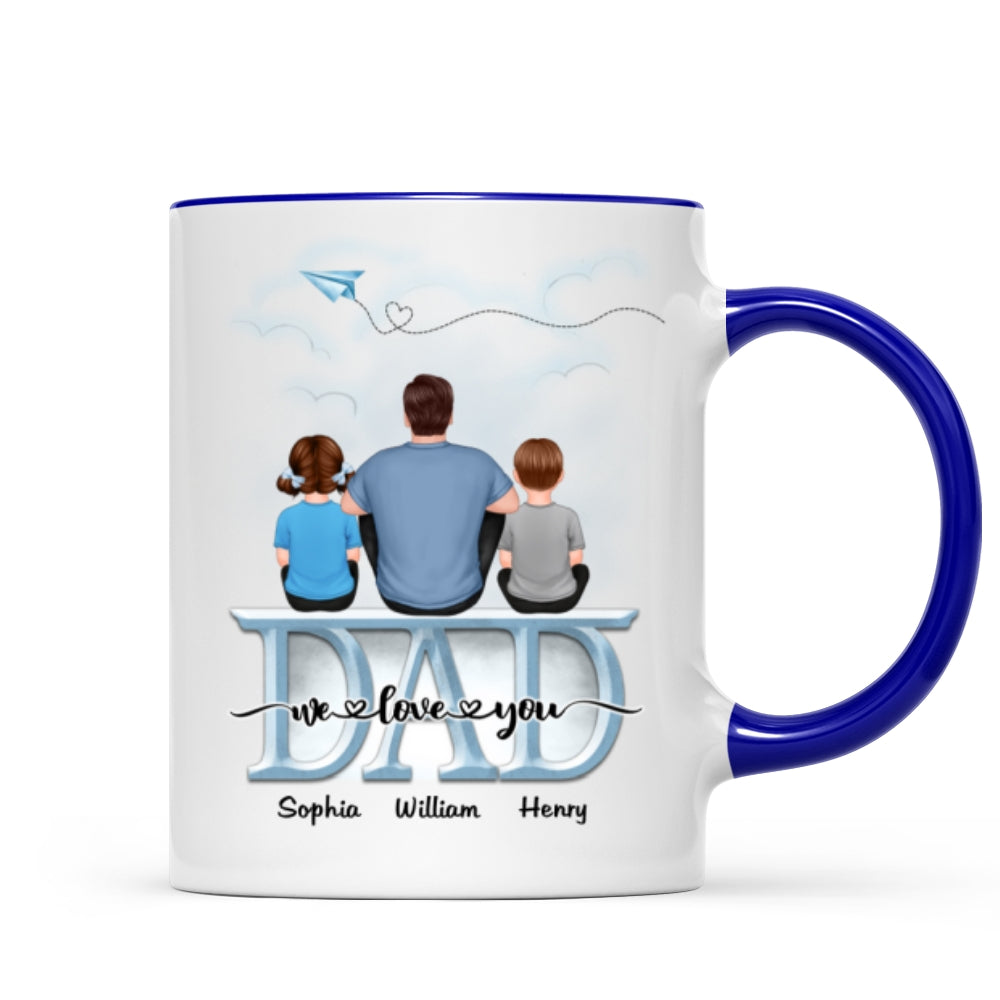 Back View Dad And Children Sitting On Word Father's Day Gift Personalized Mug