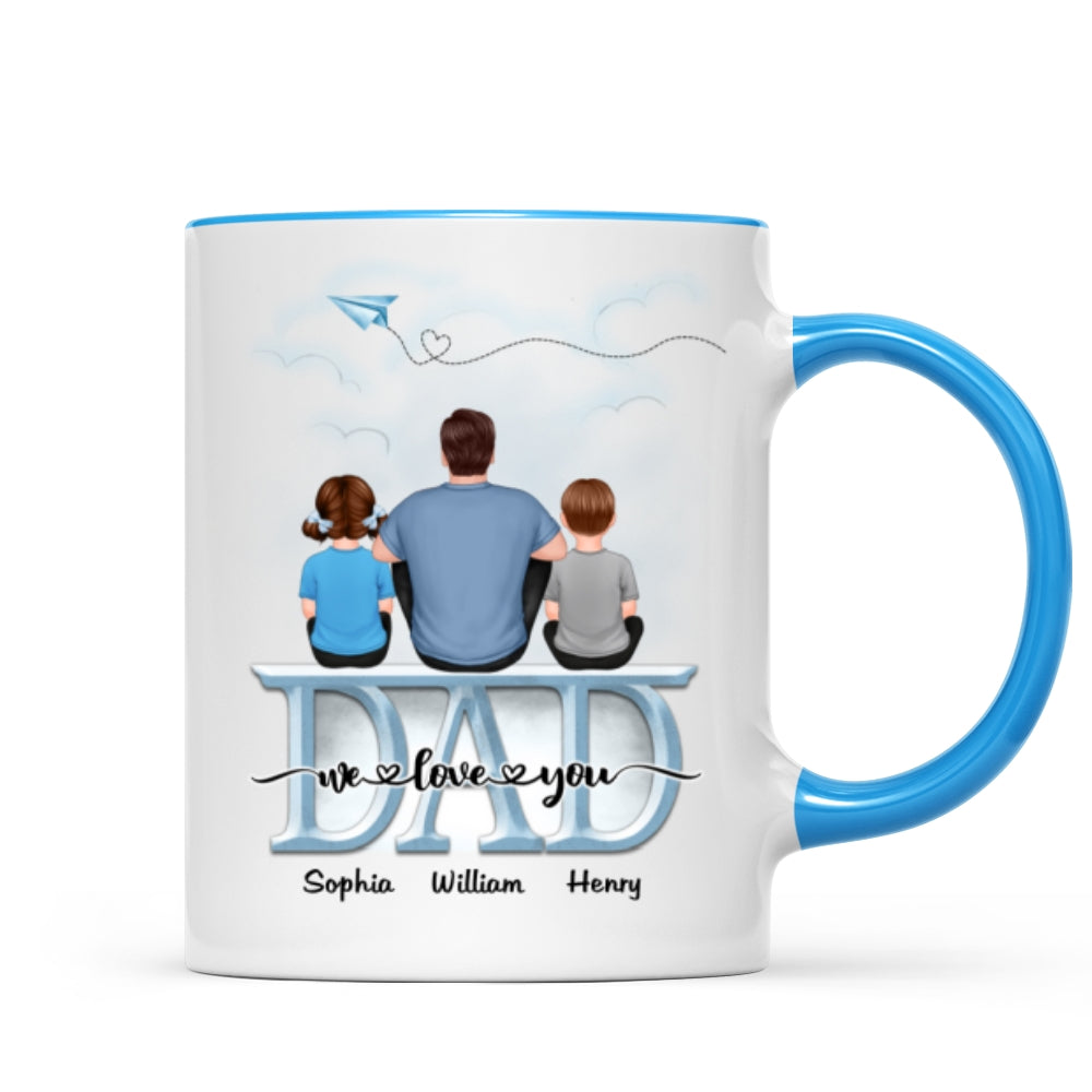 Back View Dad And Children Sitting On Word Father's Day Gift Personalized Mug