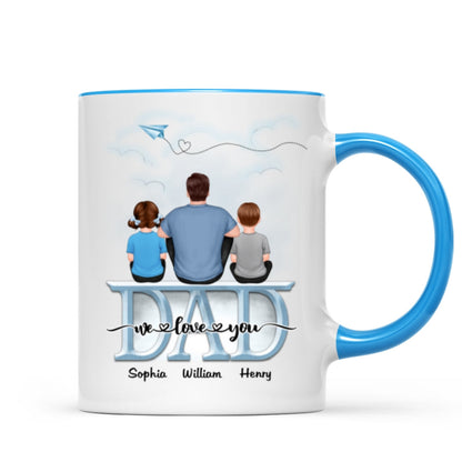 Back View Dad And Children Sitting On Word Father's Day Gift Personalized Mug