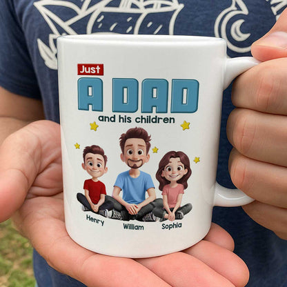 Just A Dad And His Kids Cartoon Funny Style Personalized Mug, Unique 2025 Father's Day Gift For Dad