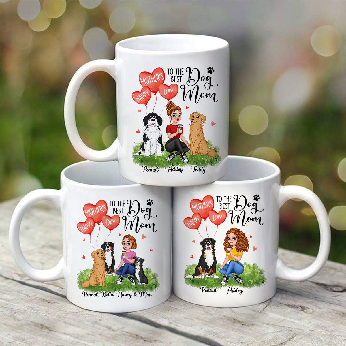 Happy Mother's Day Dog Mom Pretty Cartoon Woman Sitting Dogs Hearts Personalized Mug