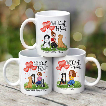 Happy Mother's Day Dog Mom Pretty Cartoon Woman Sitting Dogs Hearts Personalized Mug