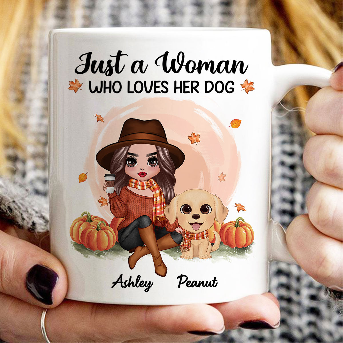 Fall Season Doll Woman And Watercolor Cute Dogs In Pumpkin Patch Personalized Mug