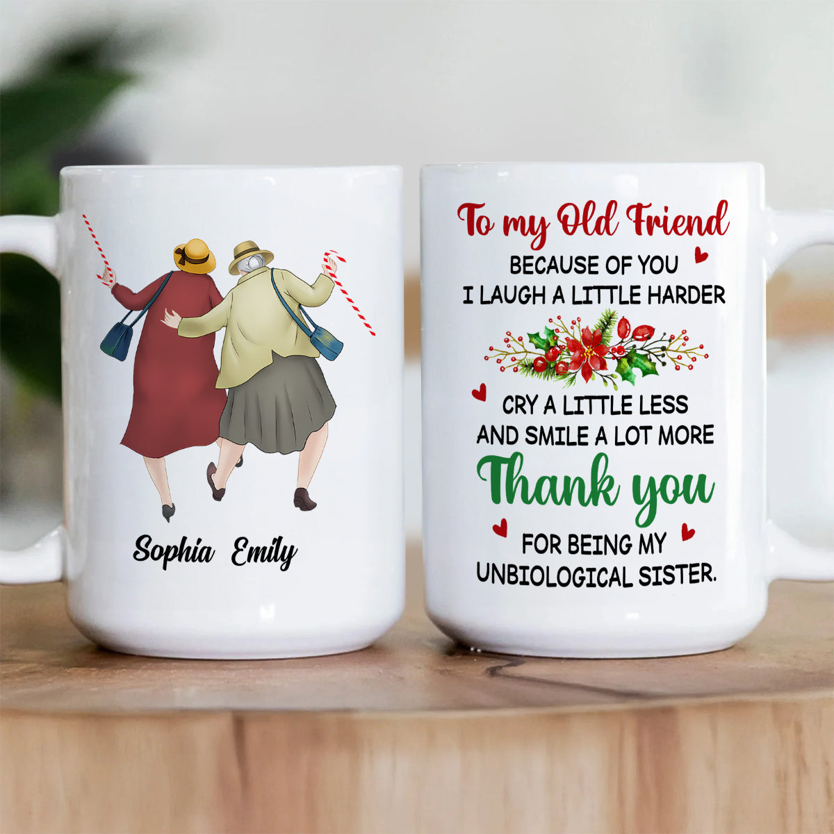 Personalized White Ceramic Mug for Best Friends Cute Senior Ladies Design, Double Sided Print, Unique Thoughtful Gift